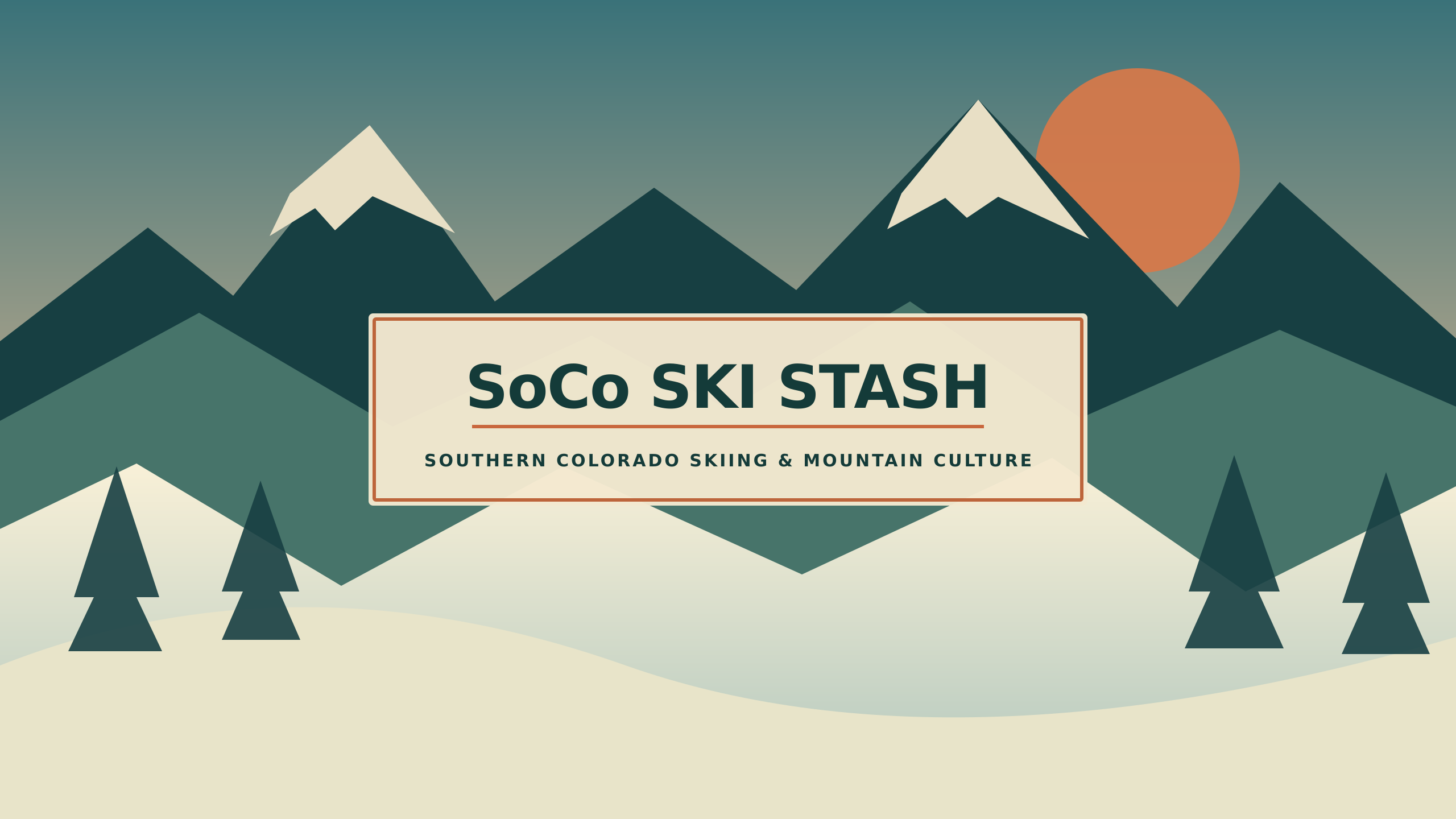 Illustrated Southern Colorado mountains with SoCo Ski Stash branding